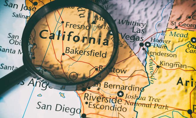 Close up image of California in Map using Magnifier lens.